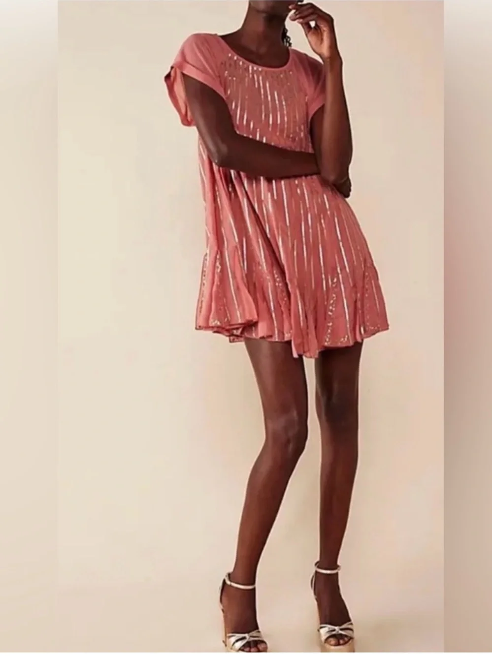 Free People Mint Julep Sequin Coral Flowy Mini Dress Large Chiffon Flapper Boho
